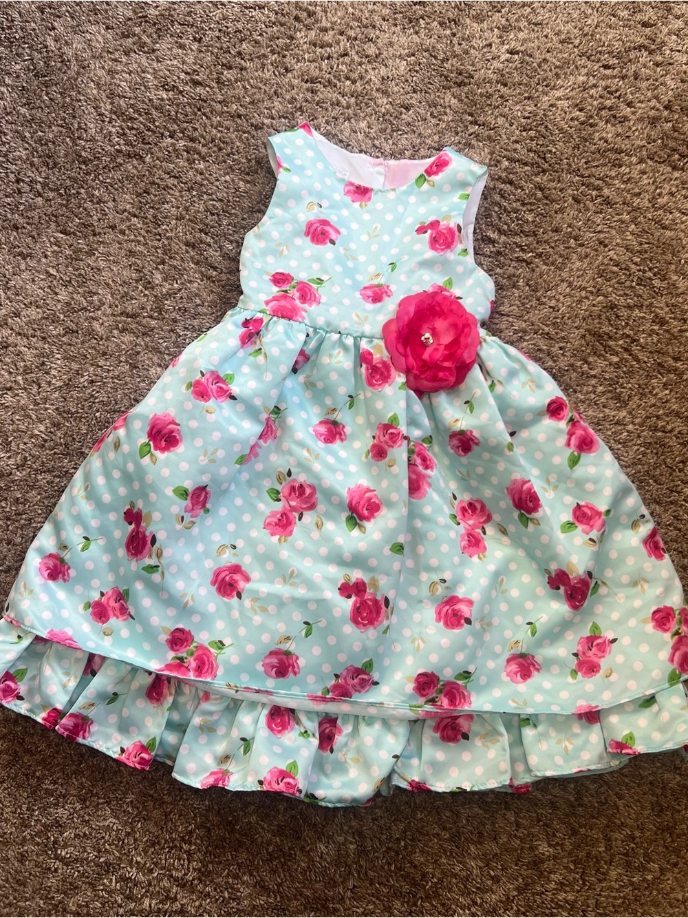 Girls' Aqua Floral Polka Dot Party Dress with Pink Flower Accent